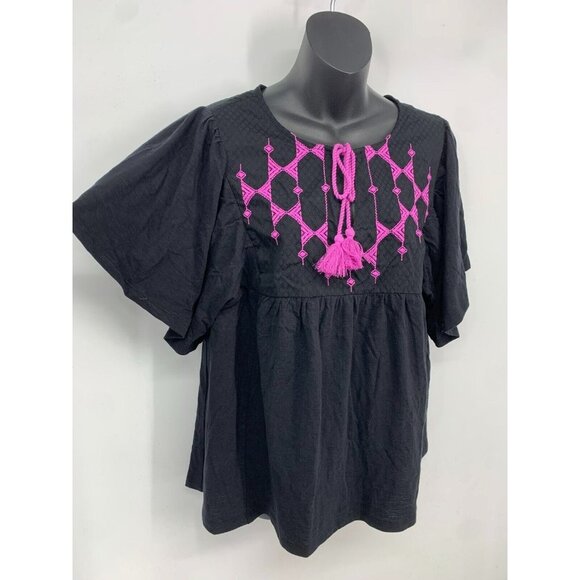 Knox Rose Shirt Extra Large Black Purple Argyle Flutter Sleeve Tassel Women New - Picture 3 of 6